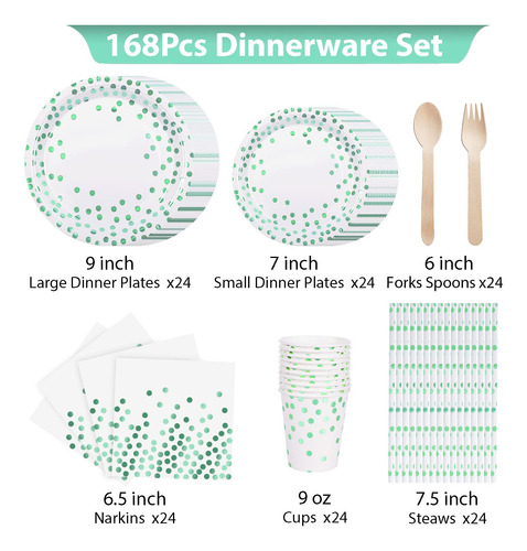 168 Piezas De Suministros De Fiesta Verdes Y Dorados, Vajill