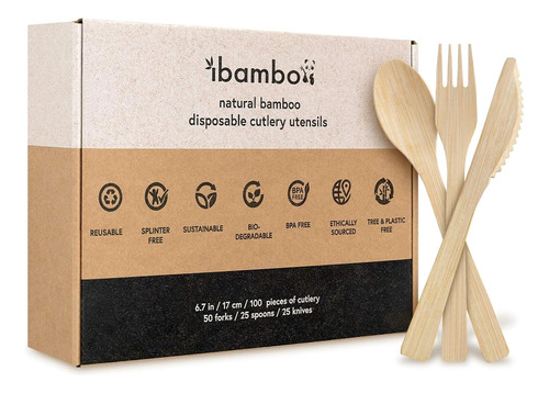 Ibambo Juego De 100 Utensilios De Bambú Natural (50 Tenedore