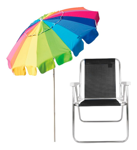 Guarda-sol Pride 2.2m + Cadeira Alta Praia Alumínio Preta