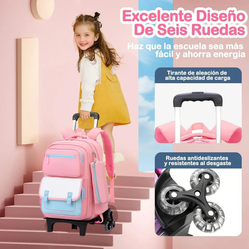 Mochila De Carrito Sobre Rodillos Mochilas Escolares 3 Piezascon Lonchera Y Estucheadecuado Para Estudiantes De Primaria, De 3 A 6 Años, Impermeable Diseño De Tejidos Impermeables