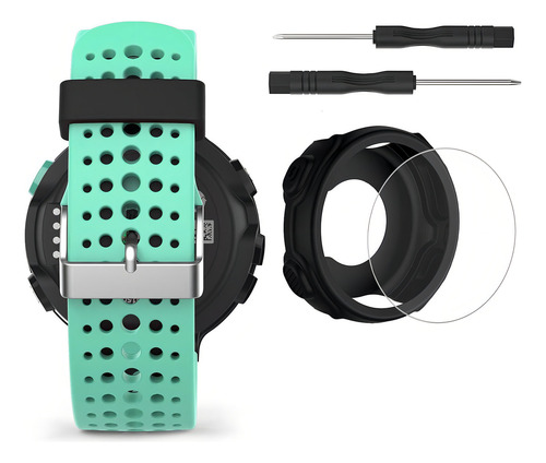 Kit Pulseira Para Garmin 235 + Capa Case + Pelicula Vidro Cor Verde àgua / Preto