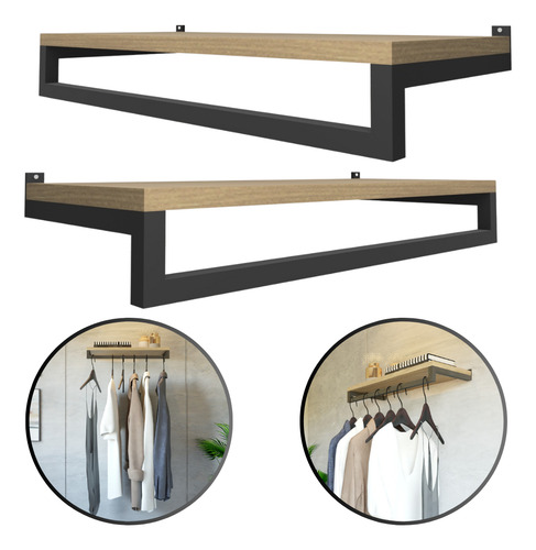 Kit 2 Cabideiros Guarda Roupa Prateleira Mdf Arara Closet Cor Preto/amadeirado