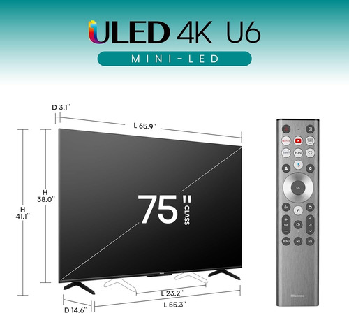 Hisense 75 Class U6 Series Mini-led Uled 4k Google Tv Gga