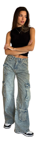 Jeans Wide Leg Mujer Cargo Matizado Calce Tiro Medio Rigido