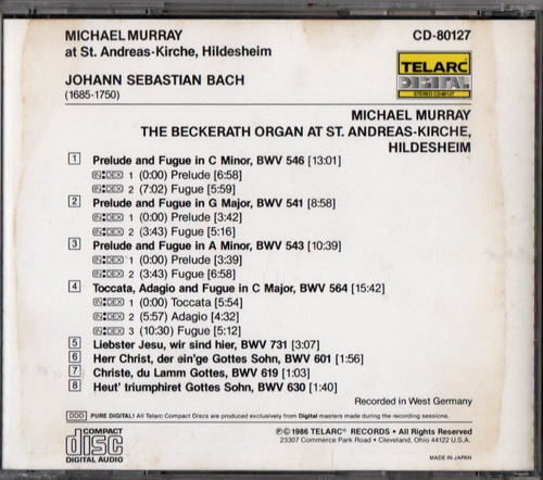 Cd Bach The Organ At St. Andreas Kirche Hildesheim Murray Estandar (Usado)