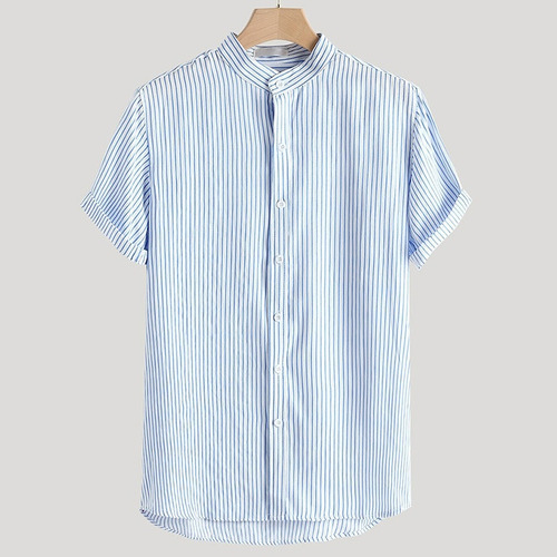 Camisa De Manga Corta A Rayas Con Cuello Alto Para Hombre, V