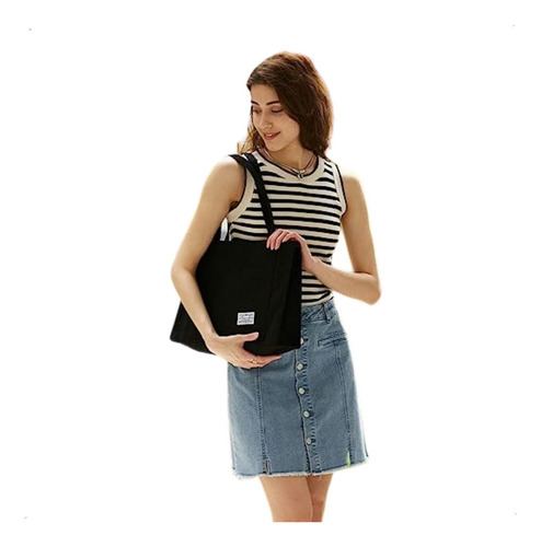 Bolso Tote Bag Grande Cartera De Mujer Bandolera Corderoy Acabado De Los Herrajes Níquel Color Negro Diseño De La Tela Liso