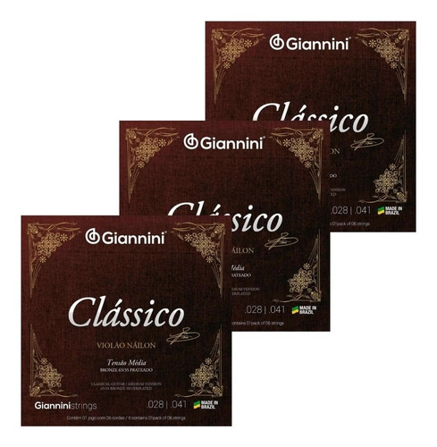 Kit 3 Encordoamento Violão Giannini Genwpm Nylon Clássico