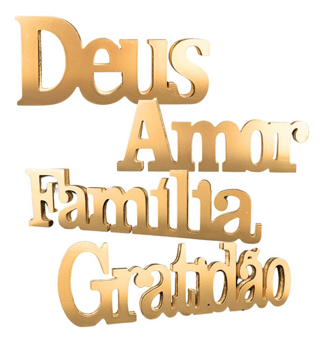 Kit Deus Amor Família Gratidão Mdf Pintada Dourado Decoração