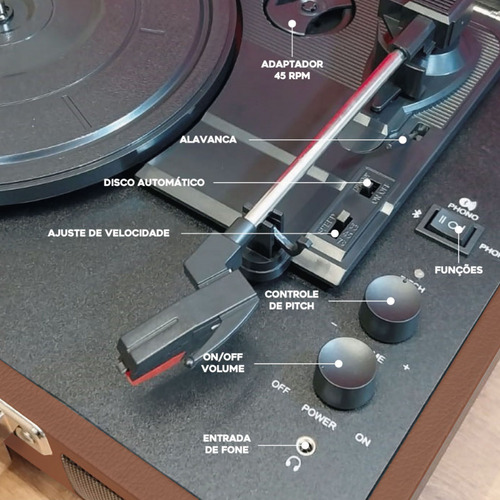 Vitrola Retro Maleta Toca Discos Vinil Caixa De Som Embutida 10w Bluetooth Com Agulha Rubi Extra