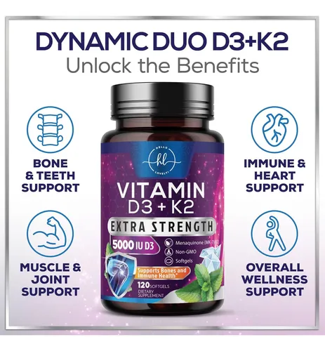 Vitamina D3 5000 Ui Y K2 100 Mcg Cápsulas Blandas 2 En 1 Par
