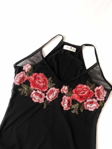 Body Negro De Tull Con Bordado De Flores Mujer Nuevo