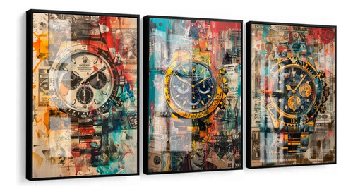Kit Quadros Decorativos Relógio Moderno Colorido Com Vidro