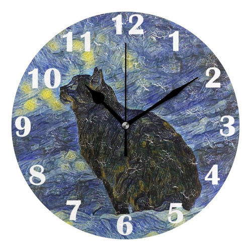 Pfrewn Lunar Star Cat Van Gogh Wall Clock Silent Non Ticking