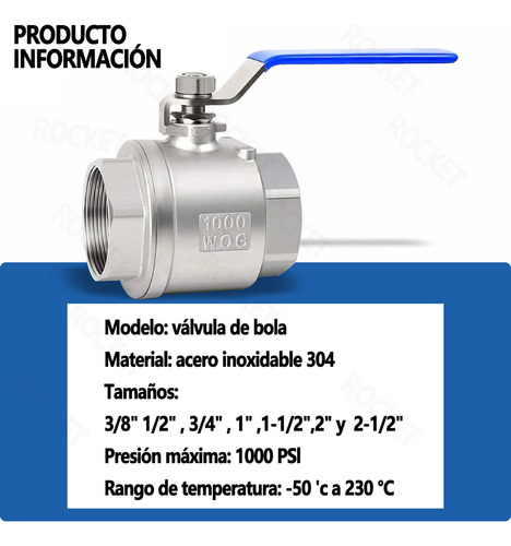 Válvula Esfera-bola 2'' Acero Inoxidable 304 Roscada Llave