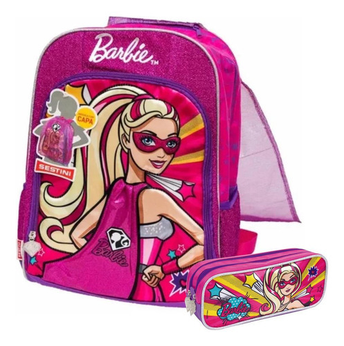 Kit Mochila Escolar Barbie Com Capa Costas Tam G Estojo