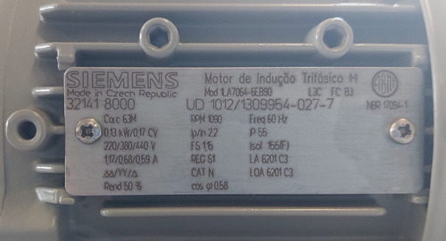 Motor Trifásico 0,16cv 220/380/440v 1060rpm 6polos Siemens