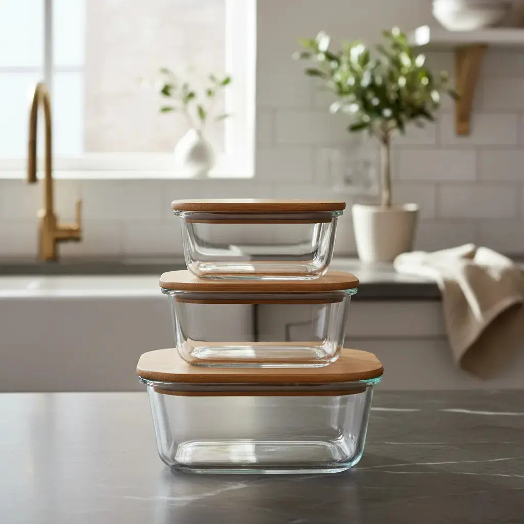 Setx3 Tuper Vidrio Bamboo Cuadrado Horno Frezzer Micro Sml Color Marrón Claro