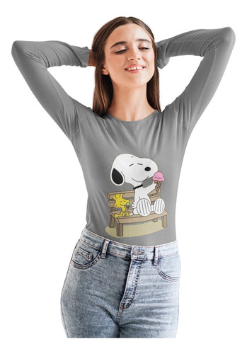 Polera Larga Snoopy Charlie Brown Helado Estampada Algodon