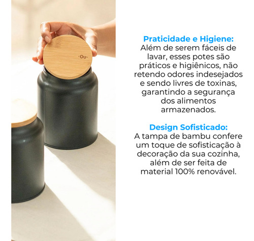 Pote De Açucar Sense Sugar Preto Fosco Com Tampa De Bambu