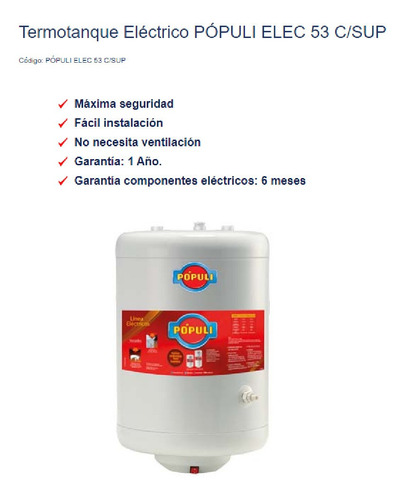 Imagen 2 de 6 de Termotanque Electrico Ecotermo Populi 53 Litros Superior