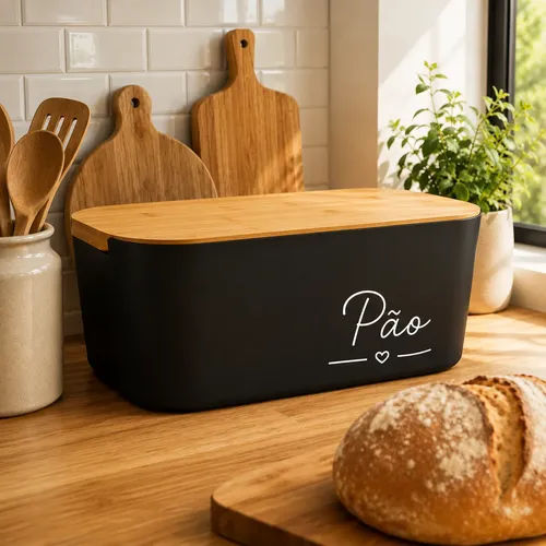 Porta Pães Com Tampa Organizador De Cozinha Bambu  Fechado Preto
