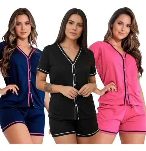 Kit 3 Pijamas Americano Amamentação Com Botões Em Malha