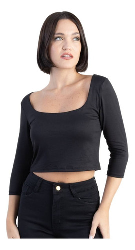 Remera Crop Manga 3/4 Escote Princesa Mujer