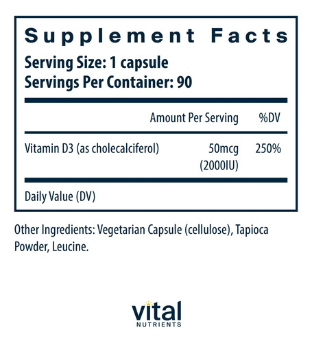 Vital Nutrients Vitamina D3 2000 Ui Cápsulas 90 Unidades