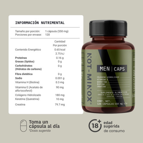 Imagen 5 de 6 de Cápsulas Not Minox Hombre Cabello Barba Biotina Creatina Sabor Neutral