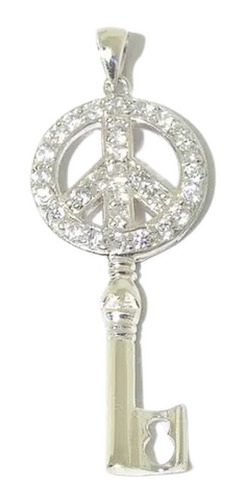 Dije Llave Simbolo Paz Plata 925 Con Cubic Zircón Escrita Color Plateado