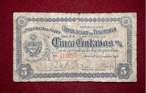 Billete 5 Centavos Tesoreria Jujuy 1903 Pick S2021 Argentina