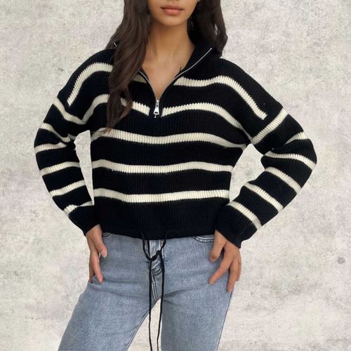 Jersey De Punto Con Cuello Semialto A Rayas Con Cremallera P