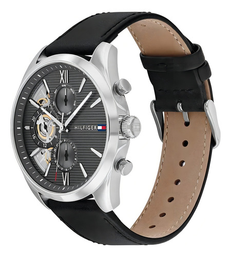 Reloj Tommy Hilfiger Hombre Clásico Multifuncion 1710644 Malla Negro Bisel Plateado Fondo Negro