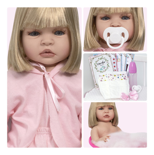 Boneca Reborn Barata Loira Com Chupeta 13 Itens Enxoval Baby