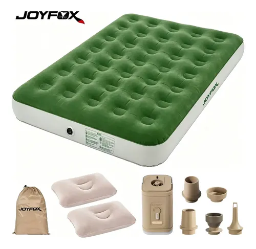 Colchão Inflável Casal Joyfox Série Forest C/ Bomba Elétrica, Luz, 2 Travesseiros E Bolsa Verde E Branco