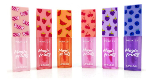 Brillo Labial Lipgloss Magic Fruits Pink 21 Set 6 Unidades Acabado Brillante Color - Candy, Strawberry, Sandía, Cherry, Uva, Blueberry