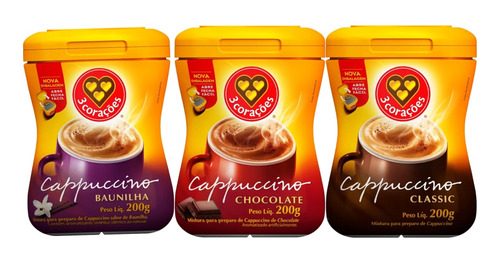 Cappuccino Sabores Chocolate, Classic E Baun 3 Corações 200g