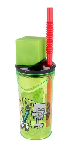 Imagen 3 de 4 de Vaso Minecraft Con Figura 3d Tapa Y Sorbete Cresko Mi023