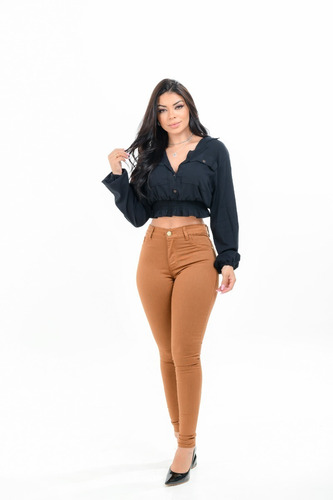 Calça Jeans Cós Alto Caramelo Skinny Hot Pant Marrom