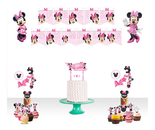 Mega Pack Minnie Rosa Topper Banderin Pinchos 