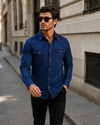Camisa Jeans Masculina Social Slim Manga Longa Jeans Escuro G