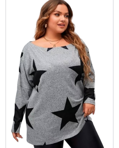 Sweater Plus Size Lanilla Gris Con Estrellas, Talle Xxxl 