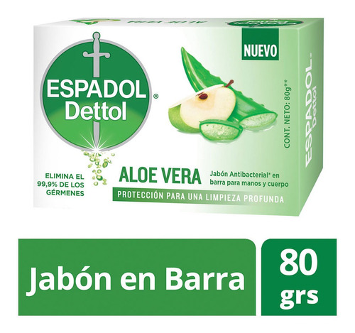 Imagen 1 de 4 de Espadol Dettol - Jabon Antibacterial Aloe Vera 1 X 80 Gr