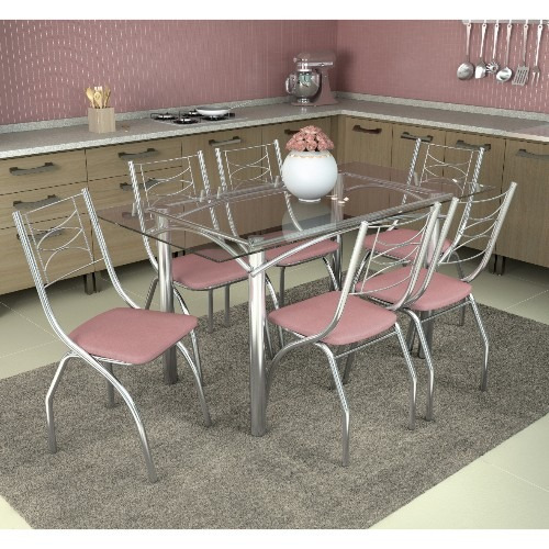 Conjunto Kappesberg Crome Mesa Elba Tampo De Vidro Com 6 Cad