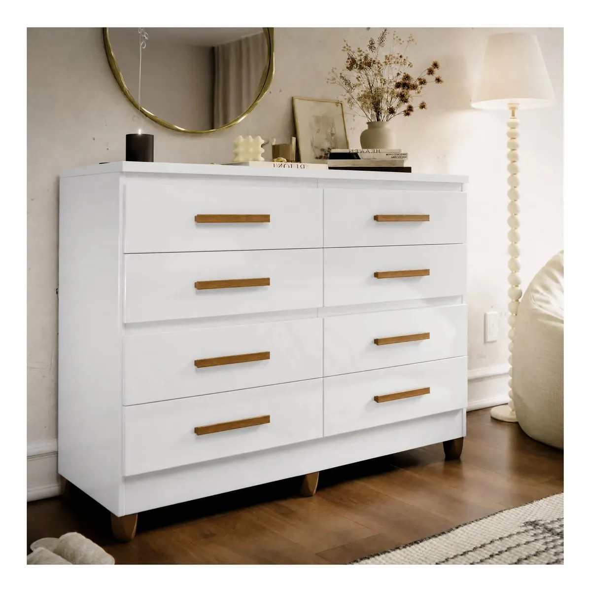 Cômoda 8 Gavetas Lite Casal Solteiro Grande Para Quarto Com Pés Moderna Multiuso Cor Branco