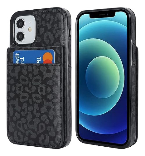 Funda Cartera Para iPhone 12 And iPhone 12 Pro Negro Leopard