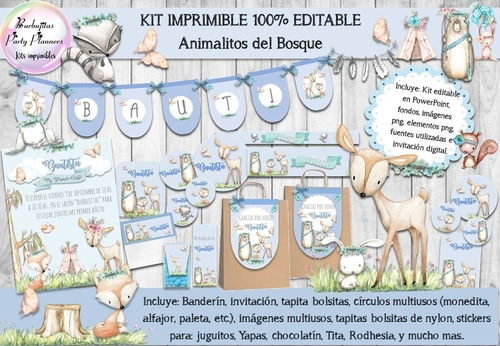 Kit Imprimible Animales Del Bosque Celeste 100% Editable