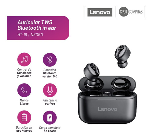 Imagen 4 de 5 de Auricular In-ear Inalambrico Bluetooh Lenovo Ht18