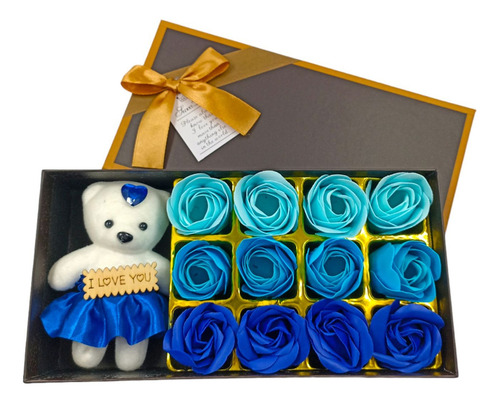 Caja De Para Novia O Mamá Con Oso Y Rosas Aromáticas Color Azul